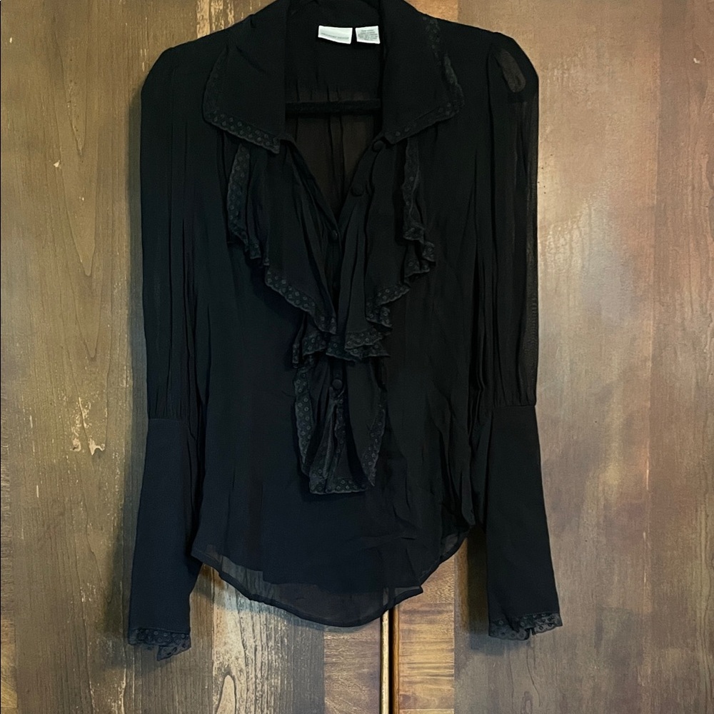 Gorgeous sheer black vintage Newport News blouse with lace and button trim sz 12